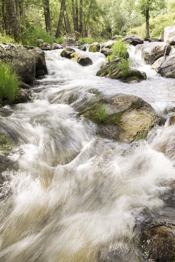 Water running down one river rapids with stones