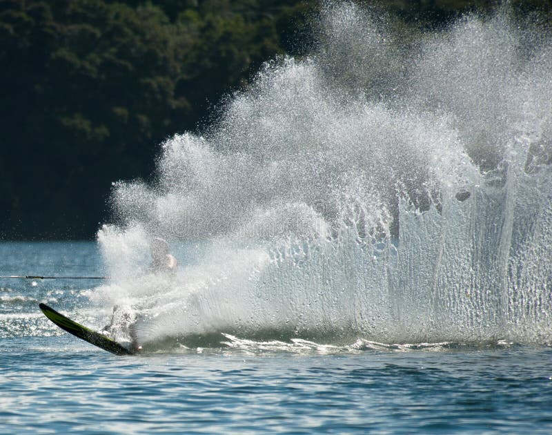 Water Skiing Slalom Action Skier Single Ski Waterskier Rounding Ball Course Throws Up Huge Wall Spray 49352764 