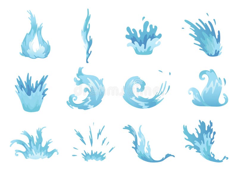 Water Splash. Blue Water Waves Set, Wavy Liquid Symbols of Nature in ...