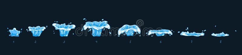 Water splash effect animation frame sprite sheet. Transparent drops of water for flash animation in games, videos and a cartoon.