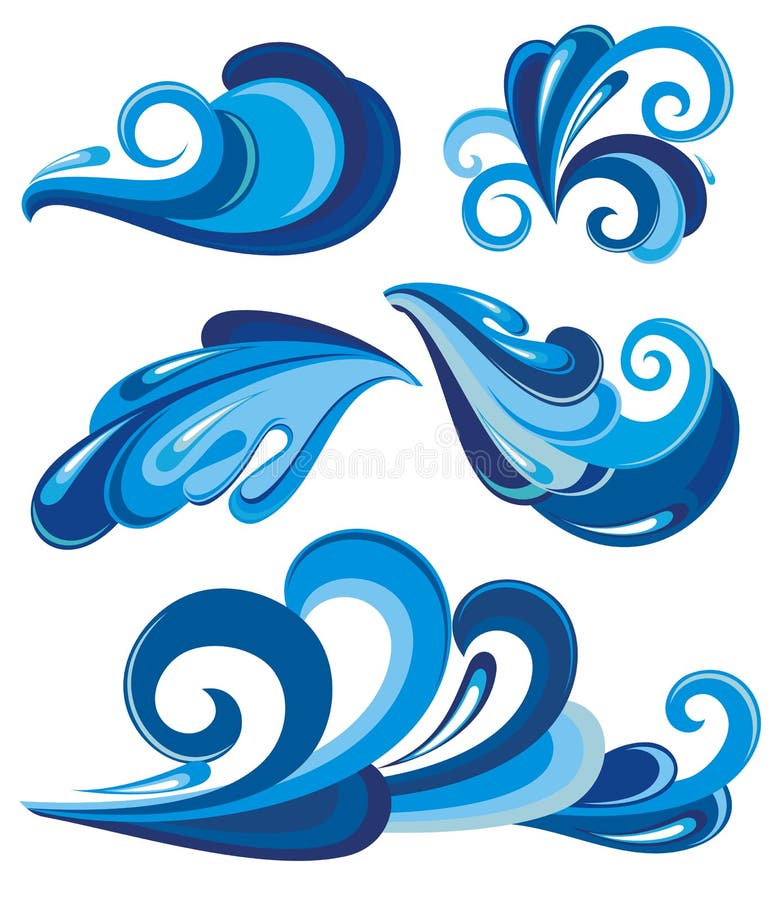 Set of blue water splashes and waves