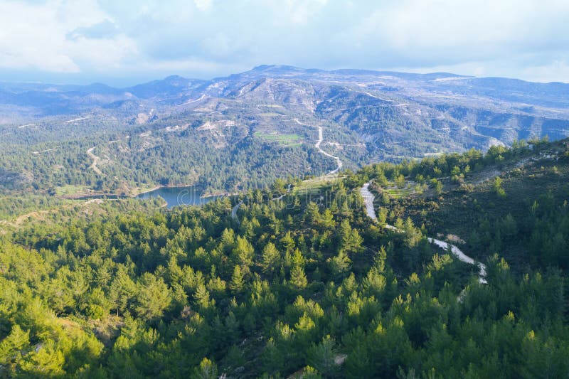 Water Storage in Cyprus. Arminou Dam in Paphos Forest Stock Photo