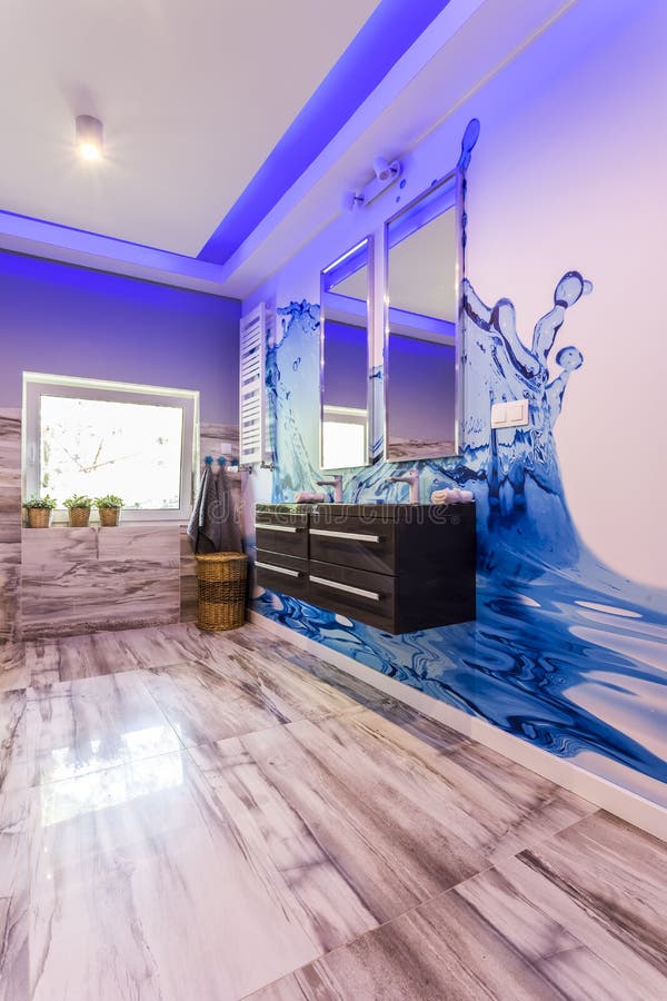 Water Themed Wallpaper in Marble Bathroom Stock Image Image of water