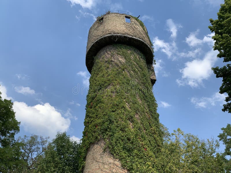 Water tower against the blue sky. The old fortress tower in the forest. Tall brick building for water storage