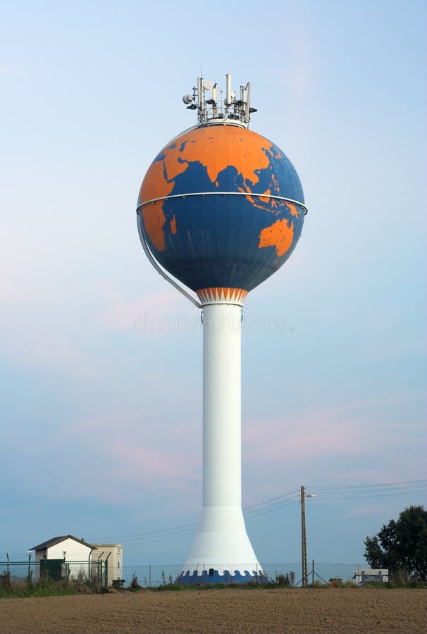 Water tower painted as globe (aerials on top)