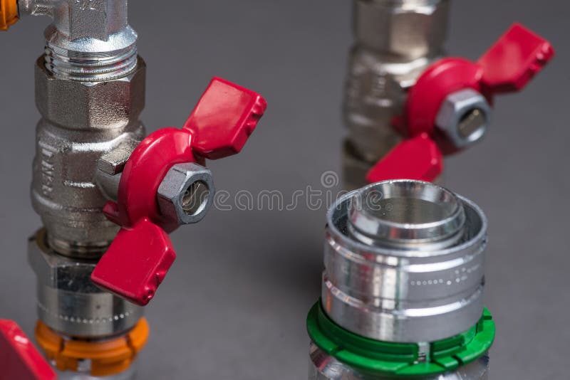 Water Valves with Fittings on Grey Stock Photo Image of boiler, brass