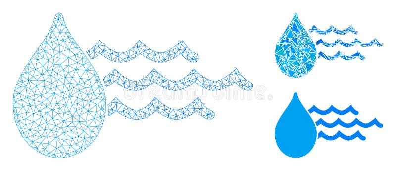 Water Vector Mesh 2D Model and Triangle Mosaic Icon. Mesh water model with triangle mosaic icon. Wire carcass triangular network of water. Vector mosaic of triangle elements in different sizes, and color tints. Abstract 2d mesh water