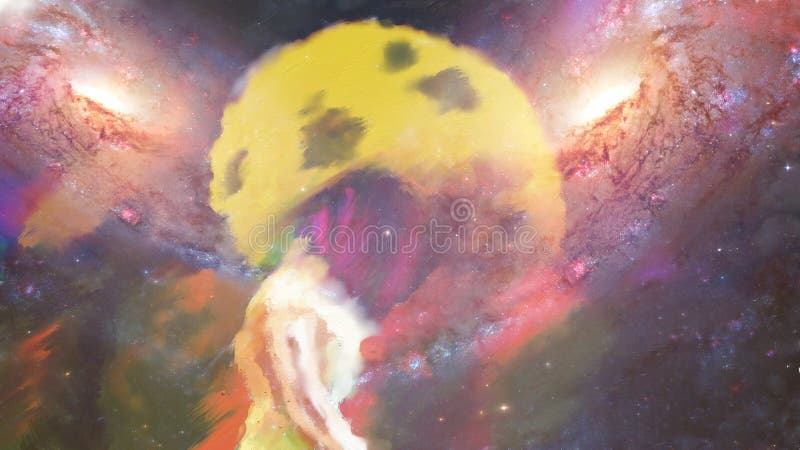 Abstract watercolor fairy tale background with girl silhouette and full moon with stars and galaxies-elements of this image are furnished by NASA. Abstract watercolor fairy tale background with girl silhouette and full moon with stars and galaxies-elements of this image are furnished by NASA