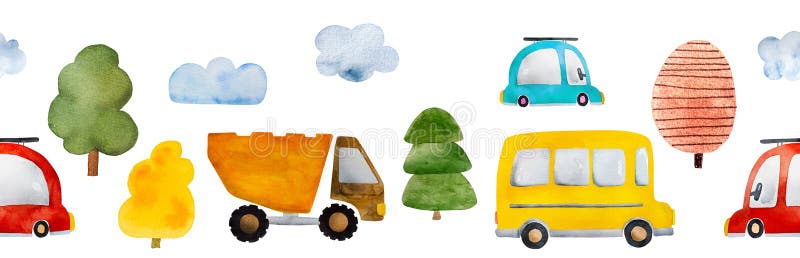 Cute watercolor vehicles paintings with school bus, truck and car. Beautiful autumn drawings with automobile, trees and clouds. Cute watercolor vehicles paintings with school bus, truck and car. Beautiful autumn drawings with automobile, trees and clouds