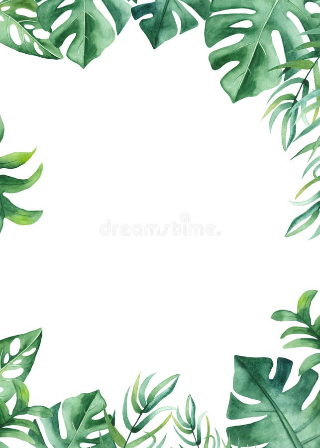 Κορνίζα ακουαρέλας με τροπικά φύλλα και λουλούδια, λεκέδες ακουαρέλας διανυσματική απεικόνιση