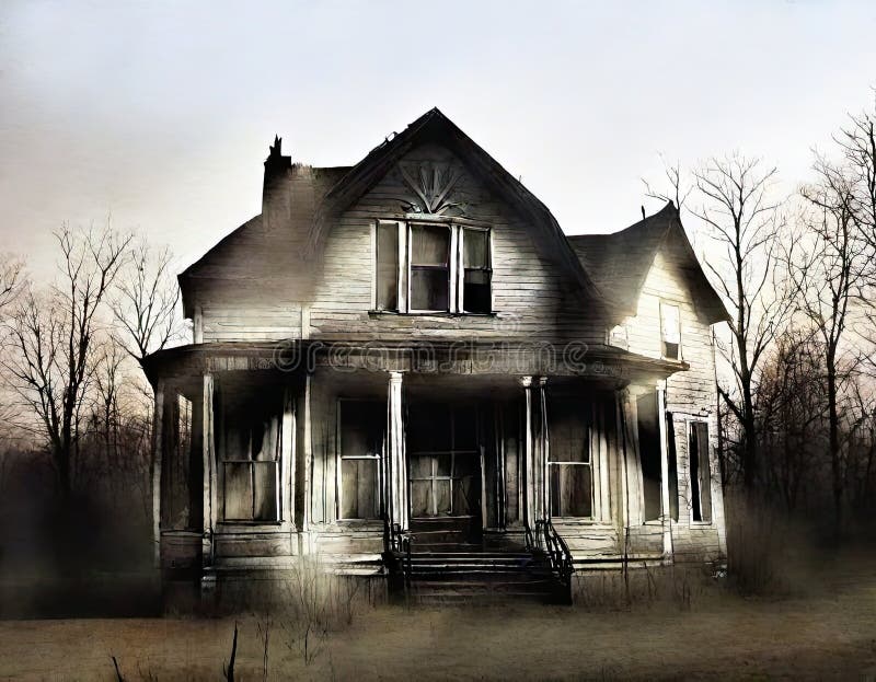 Watercolor of Abandoned Haunted House with Broken Created with Stock