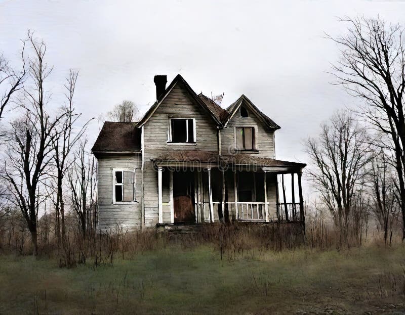 Watercolor of Abandoned Haunted House with Broken Created with Stock