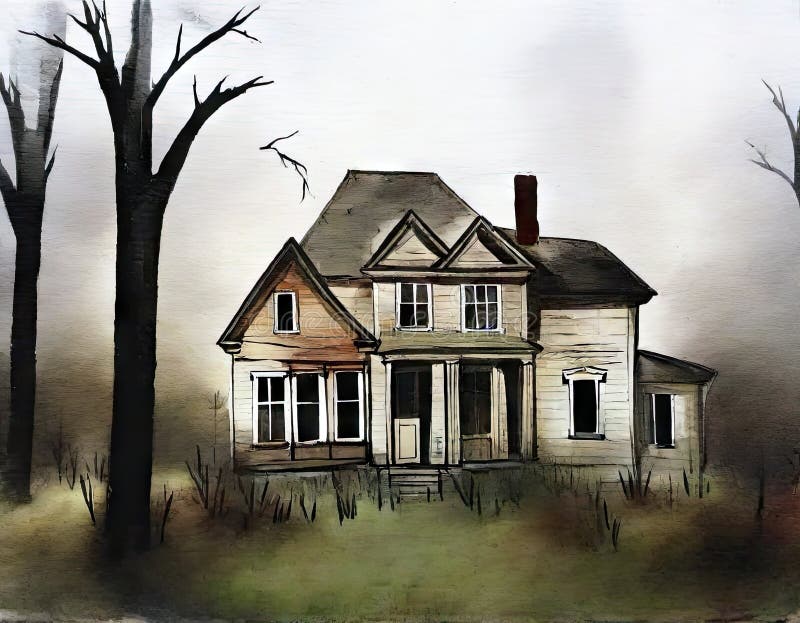 Watercolor of Abandoned Haunted House with Broken Created with Stock