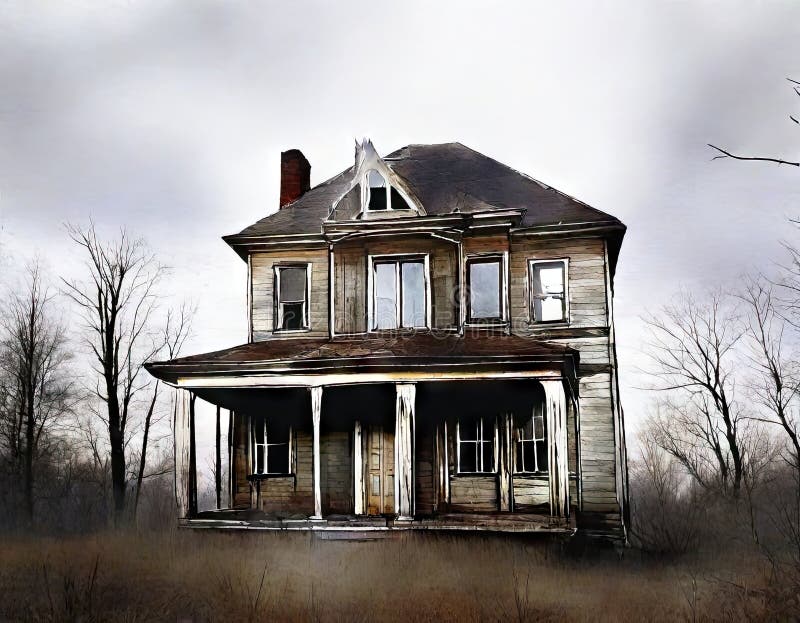 Watercolor of Abandoned Haunted House with Broken Created with Stock