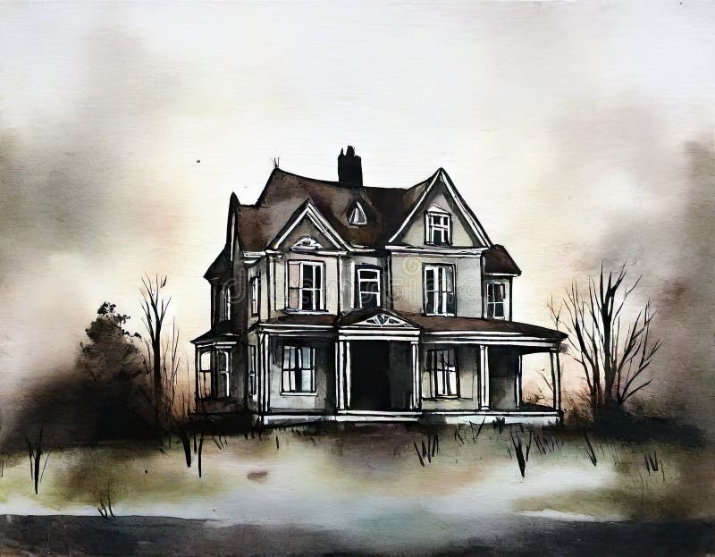 Watercolor of Abandoned Haunted House with Broken Created with Stock