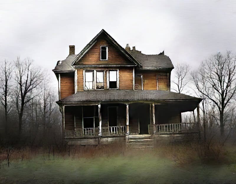 Watercolor of Abandoned Haunted House with Broken Created with Stock