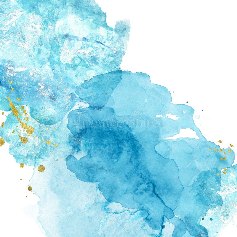 Watercolor abstract background with blue and turquoise  splashes of paint on white.  Hand painted texture. Imitation of sea