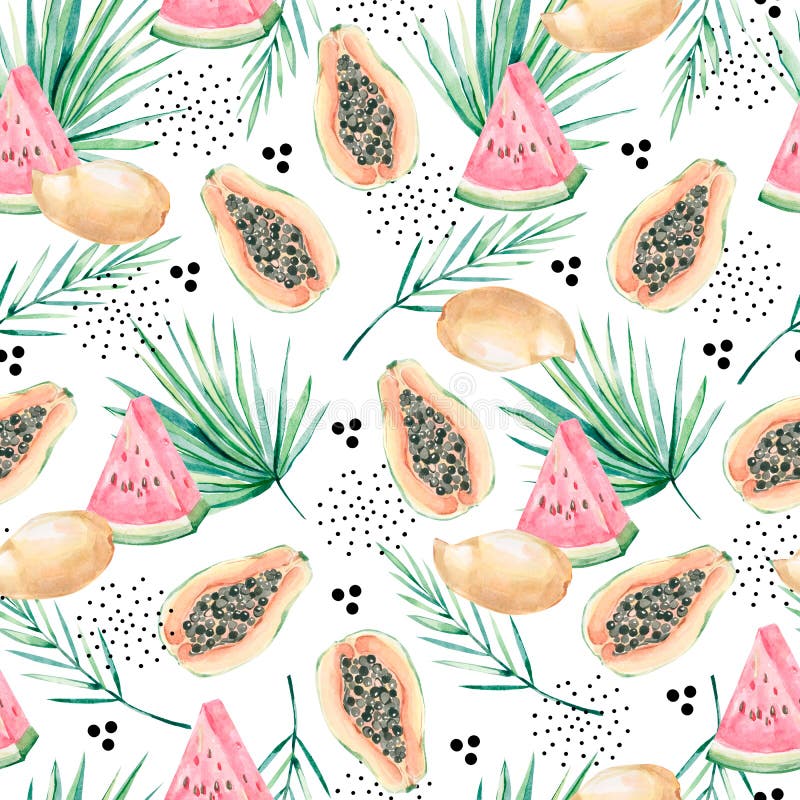 Watercolor abstract background of tropical leaves and papya, watermelon and doodle. Jungle floral with tropic summertime for backg stock illustration Watercolor abstract background of tropical leaves and papya, watermelon and doodle. Jungle floral with tropic summertime for backg stock illustration
