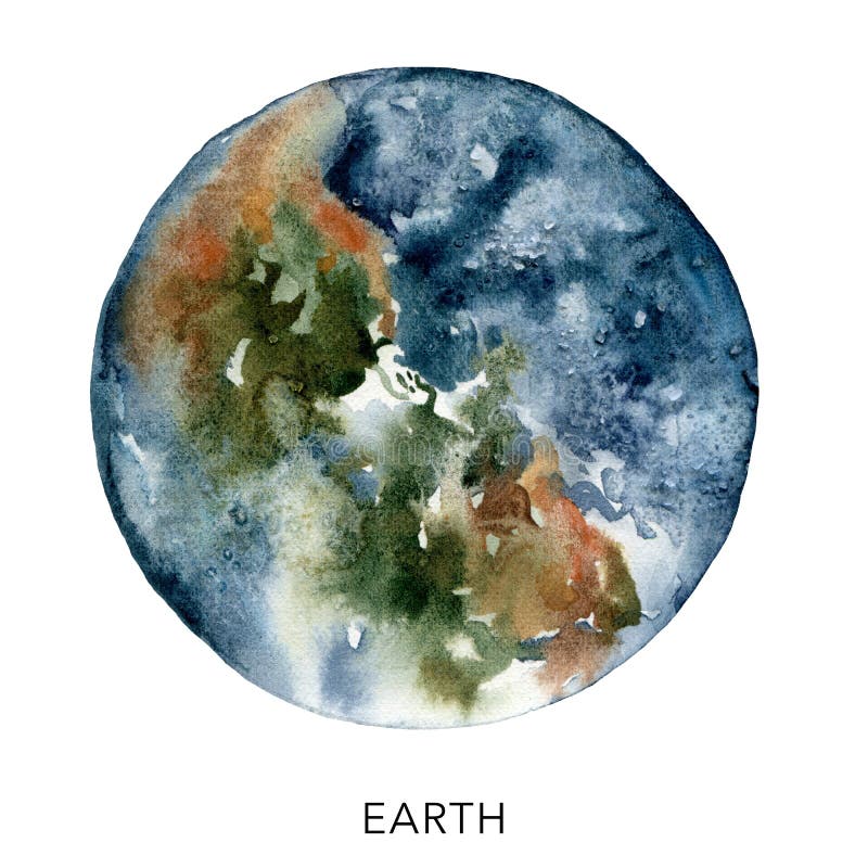 Watercolor abstract Earth. Hand painted blue planet isolated on white background. Minimalistic space illustration for royalty free stock photos