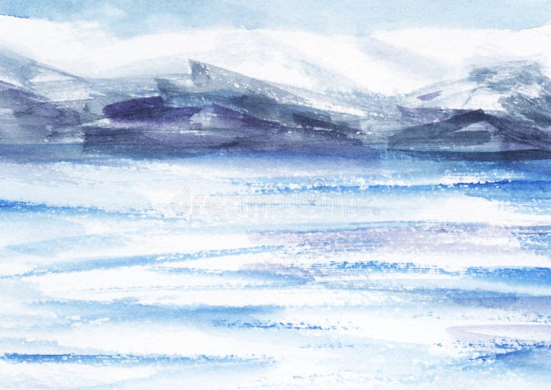 Watercolor abstract landscape. Ice fields, cold mountains. Light cloudy sky. Hand drawn on a paper illustration. stock illustration Watercolor abstract landscape. Ice fields, cold mountains. Light cloudy sky. Hand drawn on a paper illustration. stock illustration