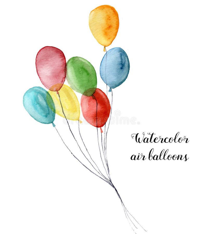 Watercolor air balloon. Hand painted party objects isolated on white background. Greeting object for design or print.