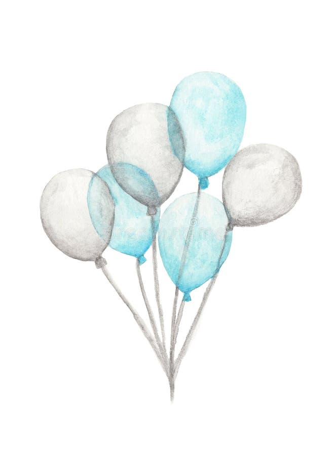 Watercolor air balloons. Hand drawn pack of party blue and white balloons.