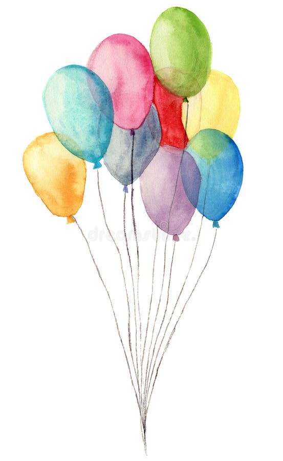 Watercolor air balloons. Hand painted illustration of blue, pink, yellow, purple balloons isolated on white background
