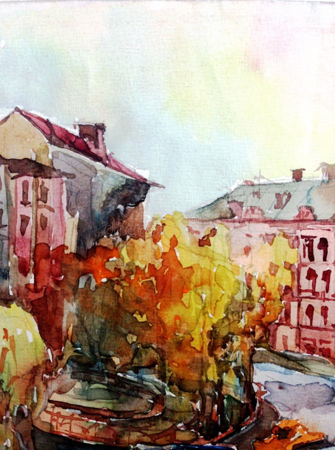 Watercolor art background abstract landmark city town square house park trees road europe architecture building