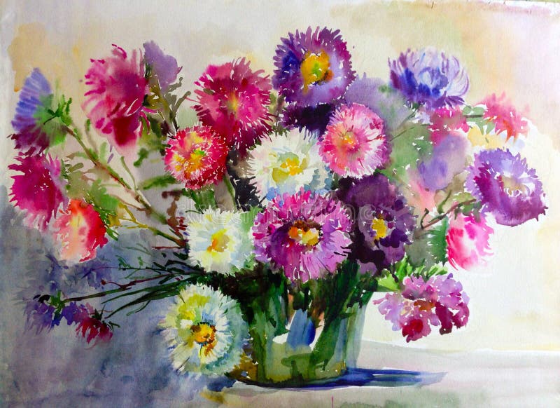 Watercolor Art Background Colorful Aster Flower Bouquet ...