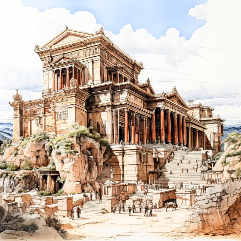 Sketching History, Watercolor artwork showcases an ancient Greek style temple, an expression of architectural artistry AI generated