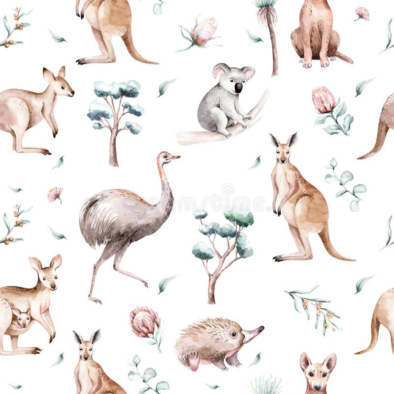 Watercolor australian cartoon kangaroo seamless pattern. Australian kangaroos set kids illustration. Nursery wallpaper. Watercolor australian cartoon kangaroo seamless pattern. Australian kangaroos set kids illustration. Nursery wallpaper