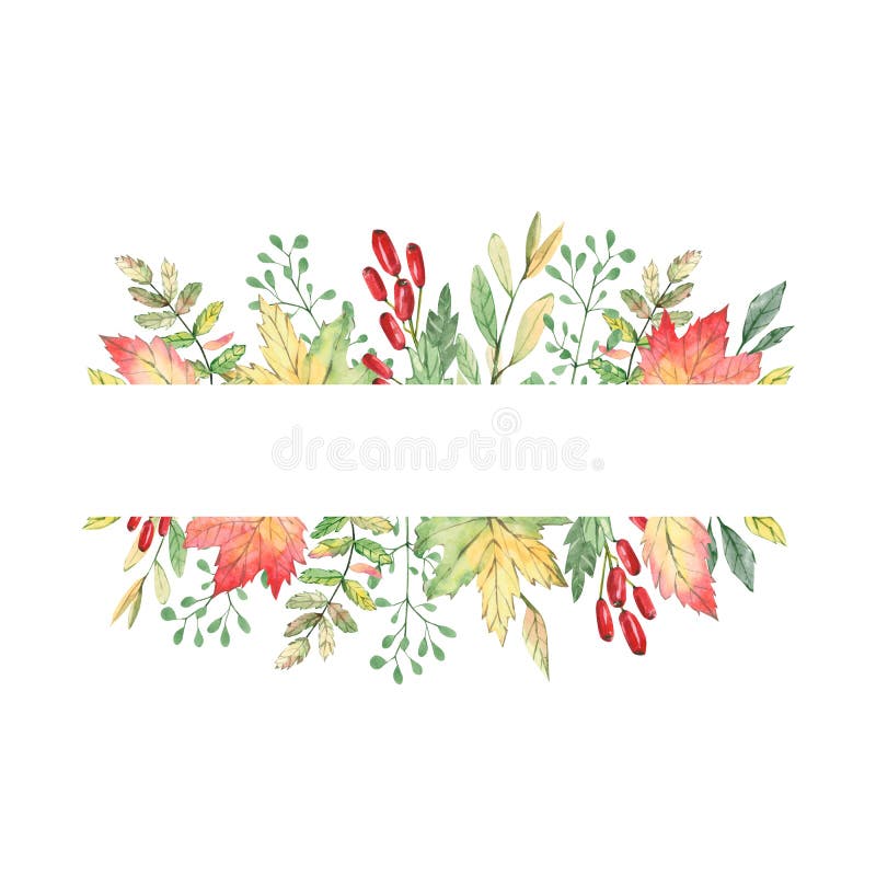 Watercolor autumn banner with leaves and branches isolated on white background. Illustration for greeting cards, wedding invitatio stock illustration Watercolor autumn banner with leaves and branches isolated on white background. Illustration for greeting cards, wedding invitatio stock illustration