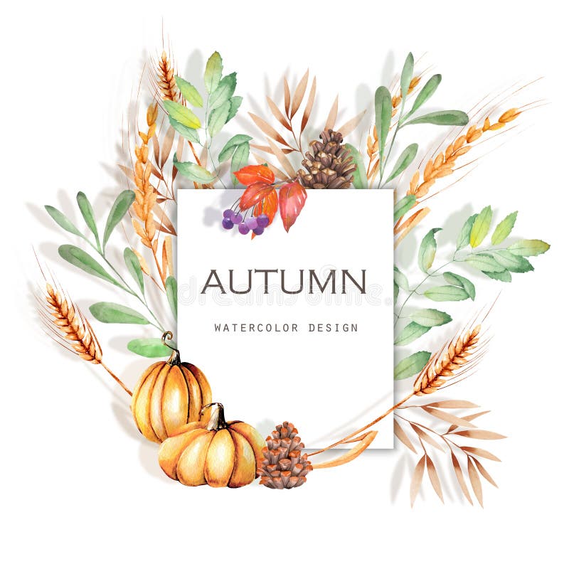 Watercolor autumn floral card illustration, fall banner design