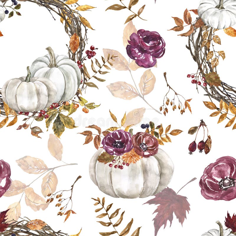 Beautiful fall floral seamless pattern with white pumpkins, burgundy flowers, decorative wreath, leaves and berries on white background. Watercolor autumn pumpkin print. Rustic farmhouse style. Beautiful fall floral seamless pattern with white pumpkins, burgundy flowers, decorative wreath, leaves and berries on white background. Watercolor autumn pumpkin print. Rustic farmhouse style