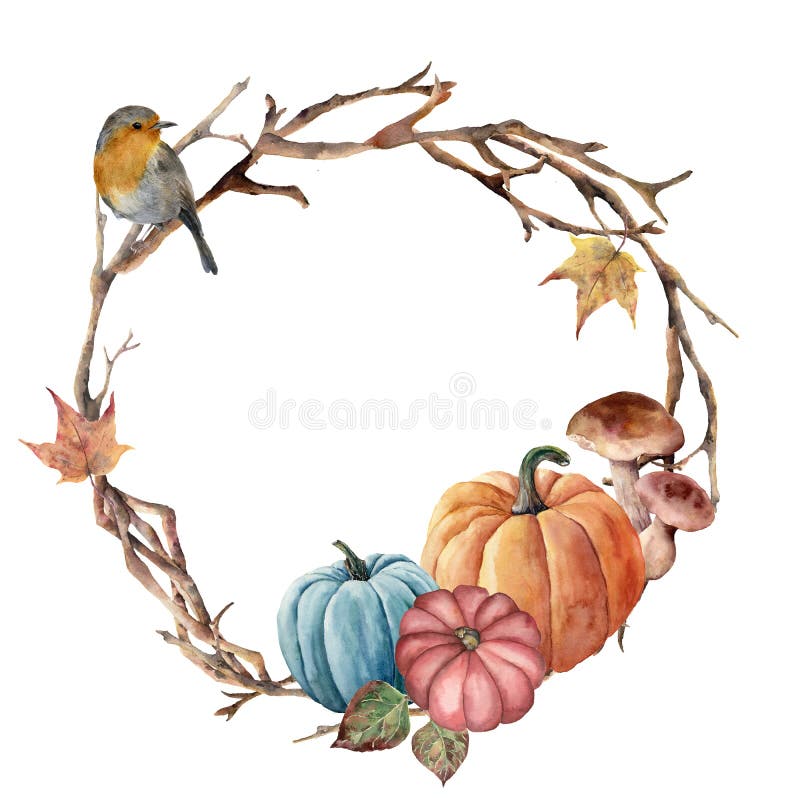 Watercolor autumn tree branch, bird and pumpkin wreath. Hand painted wreath with robin, mushroom and leaves on white