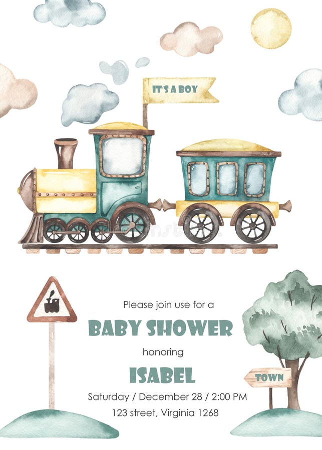 Watercolor baby shower with cute cartoon train sideways on rails with railway sign and tree