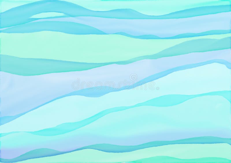 Watercolor background of abstract wavy lines in flowing bright pastel colors of green blue and purple, waves of soft blurred textu. Colorful watercolor