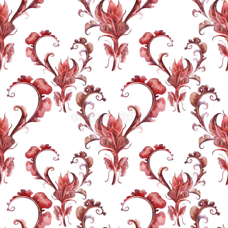 Watercolor Set of Seamless Patterns with Stylized Acanthus Leaves Stock