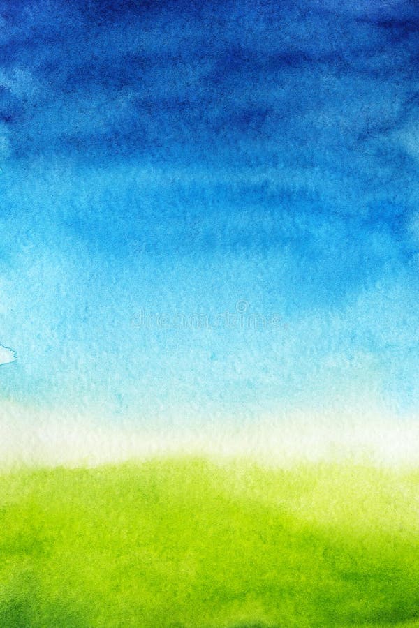 Watercolor background is green and blue gradient. Sky with clouds and Green meadow with grass