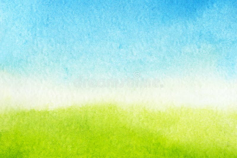 Watercolor background is green and blue gradient. Sky with clouds and Green meadow with grass