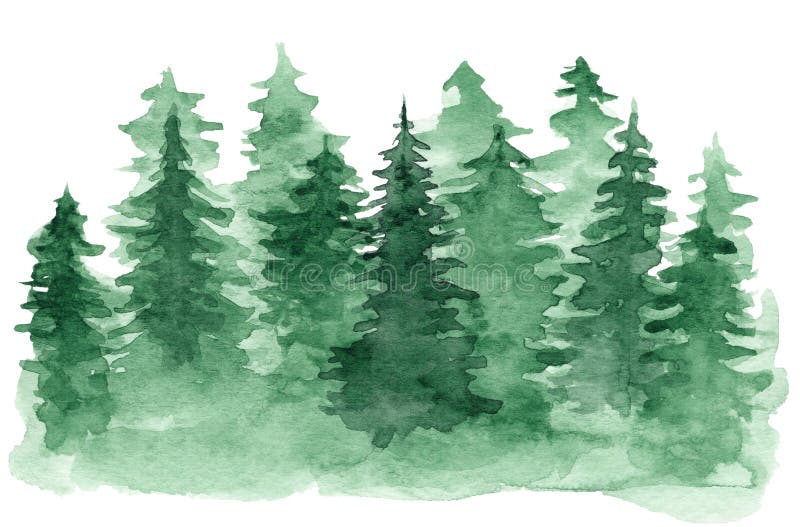Watercolor background with green coniferous forest