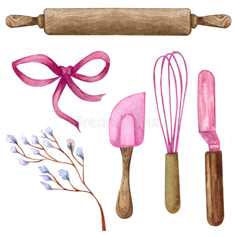 Watercolor baking supplies clipart. Pink kitchen utensils PNG