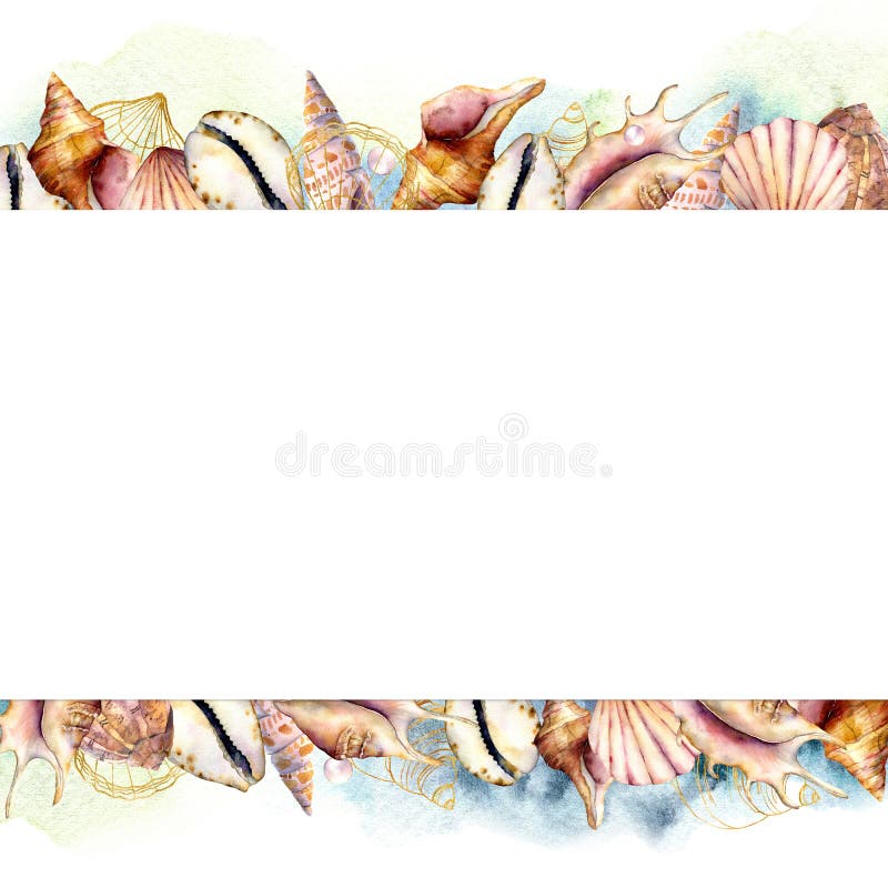 Watercolor banner with shells and blue water. Hand painted golden sea shells border isolated on white background