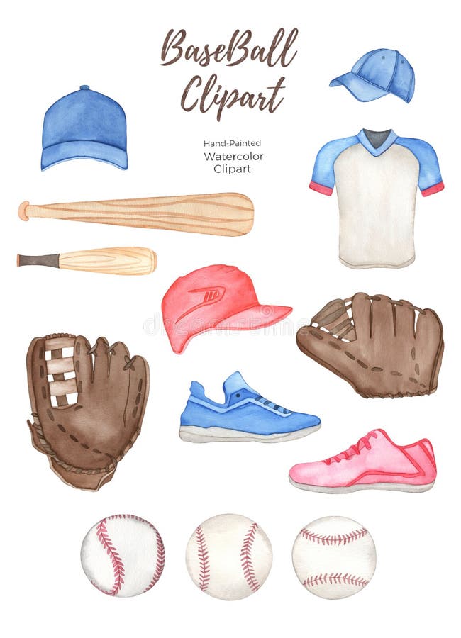 Watercolor Baseball Set, Painted on White Background, Hand Drawn Stock