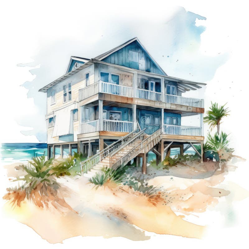 Watercolor Beach House on White Background for Invitations and Posters