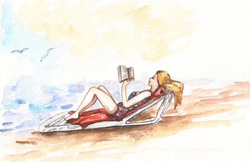 Beach Woman Painting Reader Original Art Reading Book Watercolor