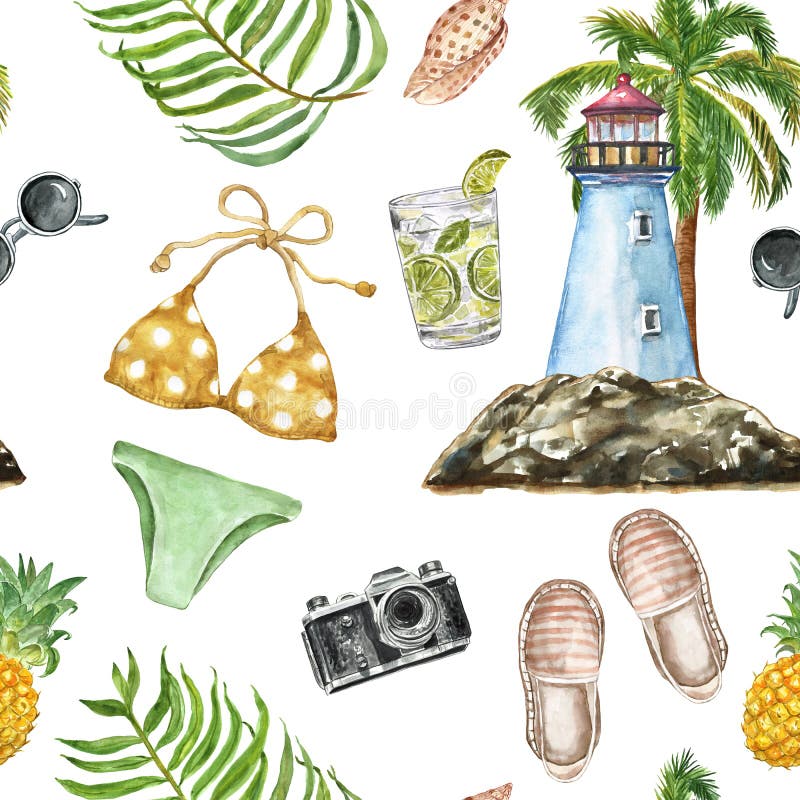 Watercolor beach set. Hand drawn men summer wear - tank t-shirt, swim shorts,  sun hat, sunglasses and tropical cocktail with palm tree leaf, isolated on  white background. Vacation vibes illustration. Stock-illustration