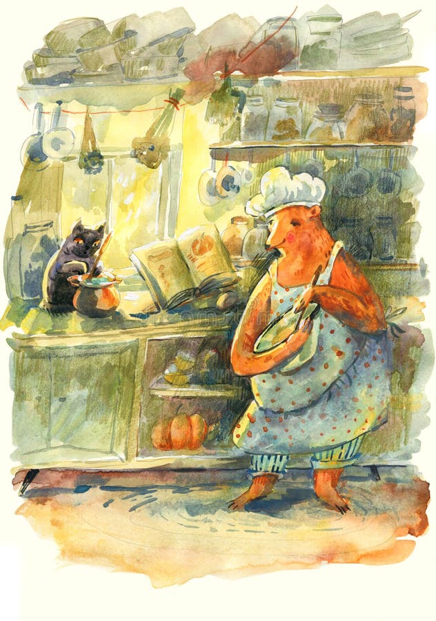 Watercolor Bear Chef Cooking in Kitchen Illustration stock illustration