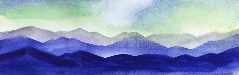 Watercolor beautiful landscape in blue and light green tones. Gradient layers of mountains against magic green sky. Hand