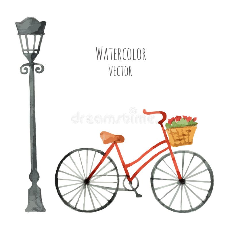 Watercolor Bicycle with basket and lantern.